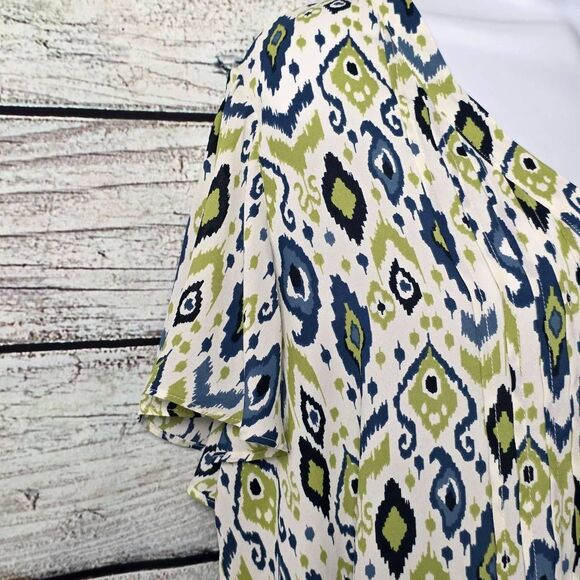 Rose + Olive Green Blue Ikat Print Blouse 1X - Picture 4 of 8